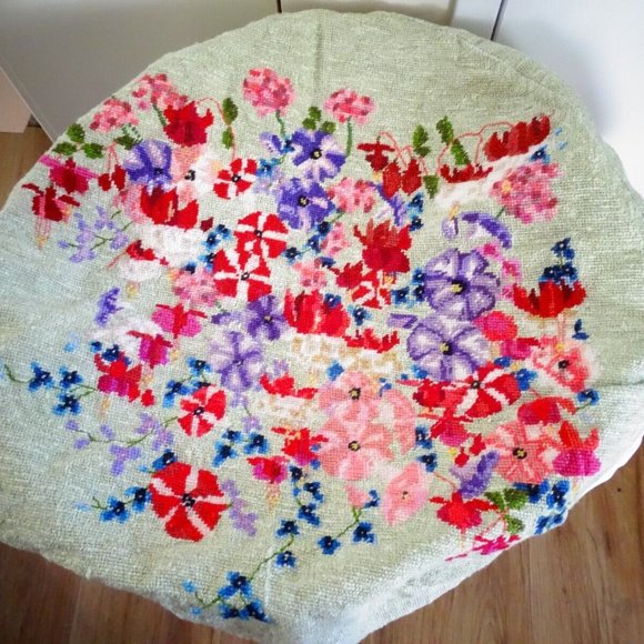 Floral Bouquet Green Round Ottoman Cover Needlepoint Tapestry - Picture 3 of 3